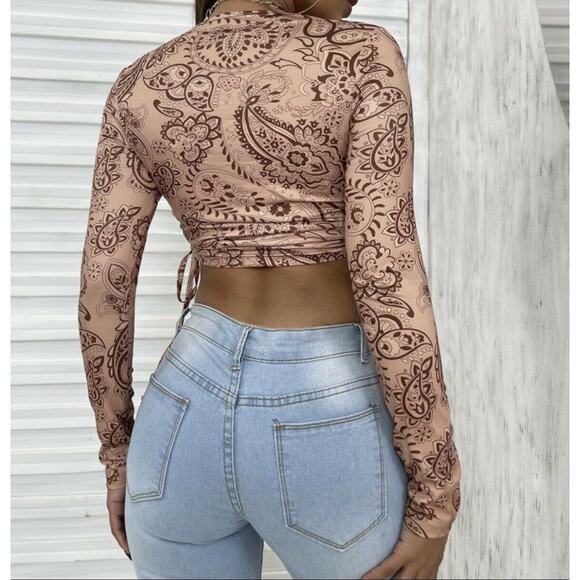 Brown Paisley Ruched Drawstring Side Long Sleeve Stretchy Crop Top Size S - Picture 2 of 7